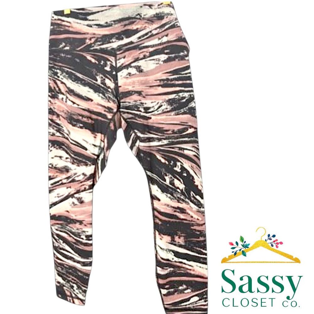 Pink Black Marble Compression Leggings Athleisure Workout Pants Size L EUC